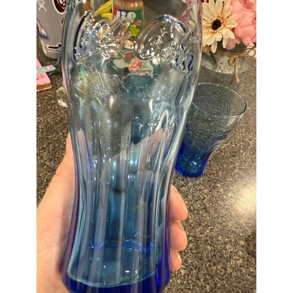Vtg Coca-Cola Rare Cobalt Blue Ribbed Contour Shape Glasses with Embossed Script